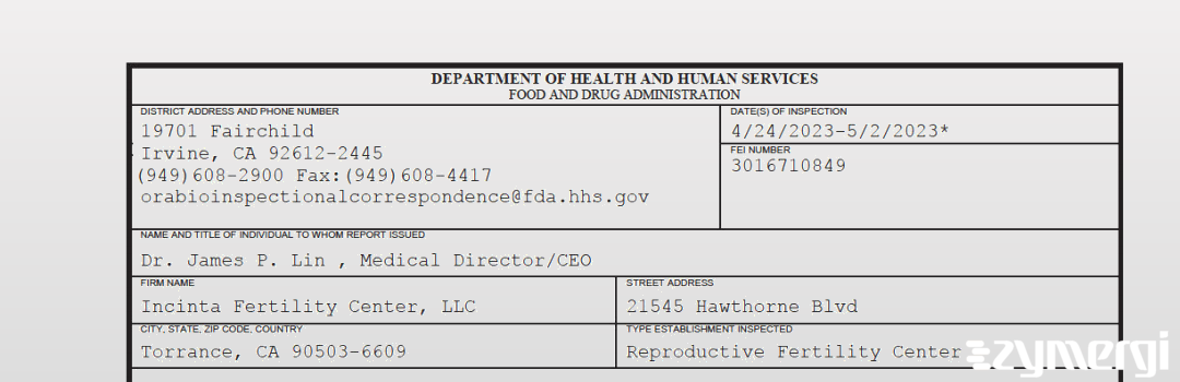 FDANews 483 Incinta Fertility Center, LLC May 2 2023 top