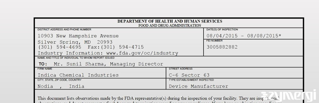 FDANews 483 Indica Chemical Industries Aug 8 2015 top