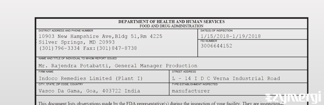 FDANews 483 Indoco Remedies Limited (Plant I) Jan 19 2018 top