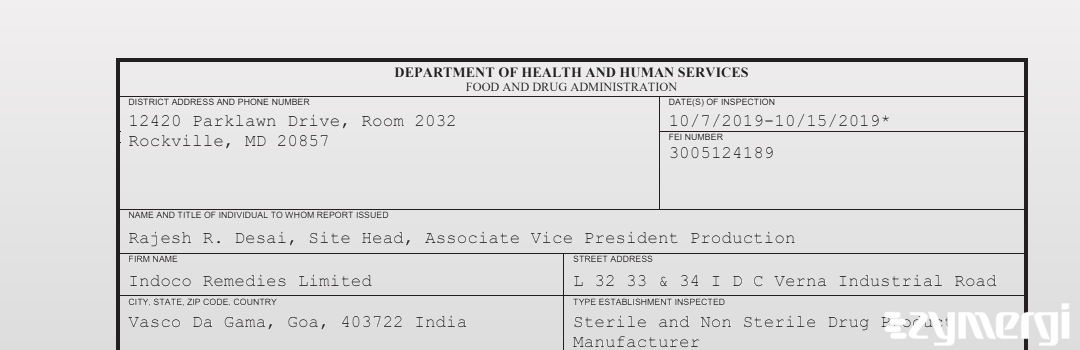 FDANews 483 Indoco Remedies Limited Oct 15 2019 top