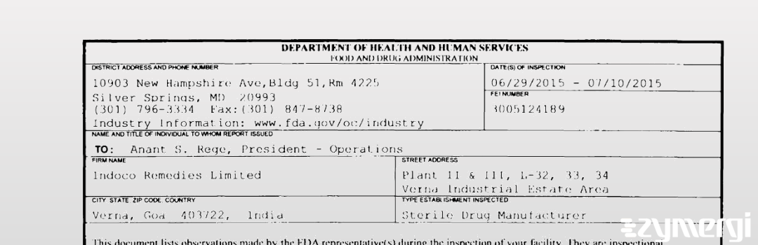 FDANews 483 Indoco Remedies Limited Jul 10 2015 top