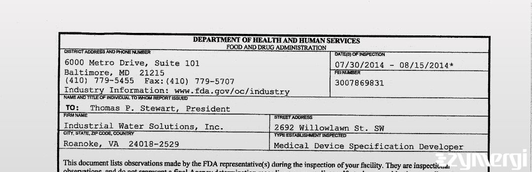 FDANews 483 Industrial Water Solutions, Inc. Aug 15 2014 top