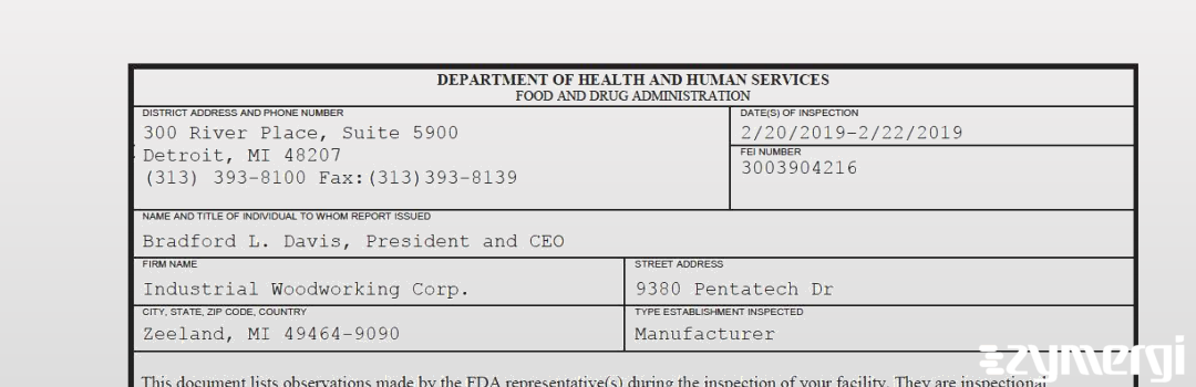 FDANews 483 Industrial Woodworking Corp. Feb 22 2019 top