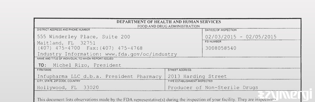 FDANews 483 Infupharma LLC d.b.a. President Pharmacy Feb 5 2015 top