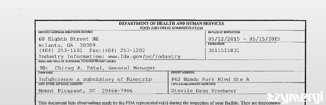 FDANews 483 InfuScience a subsidiary of Bioscrip May 15 2015 top