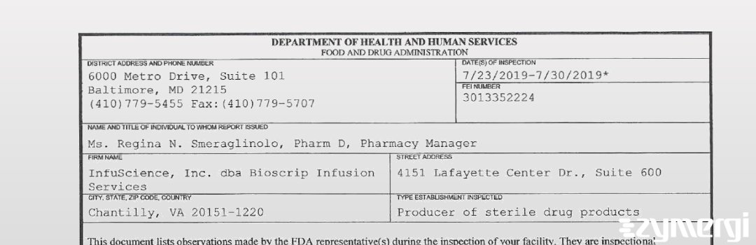 FDANews 483 InfuScience, Inc. dba Bioscrip Infusion Services Jul 30 2019 top