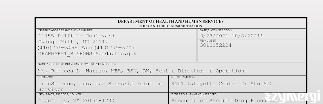 FDANews 483 InfuScience, Inc. dba Bioscrip Infusion Services Oct 8 2021 top