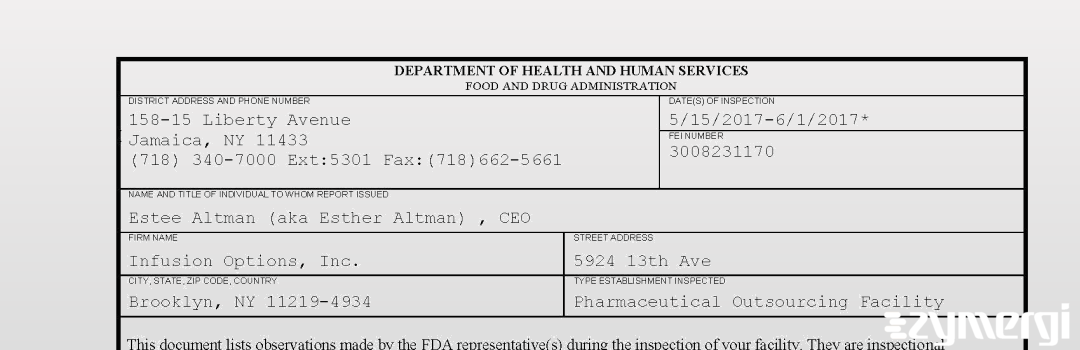 FDANews 483 Infusion Options, Inc. Jun 1 2017 top