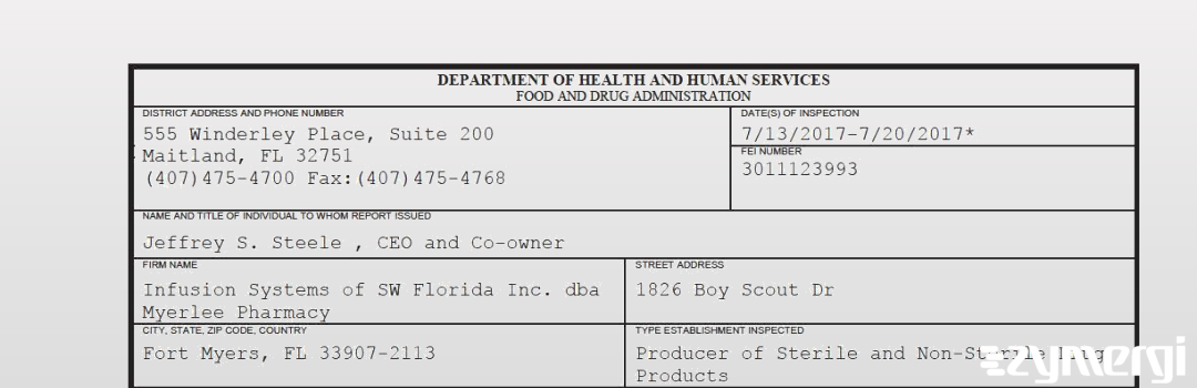 FDANews 483 Infusion Systems of SW Florida Inc. dba Myerlee Pharmacy Jul 20 2017 top