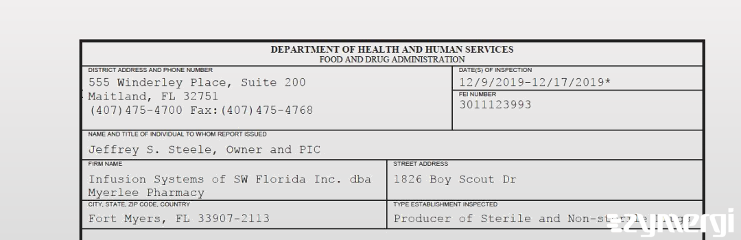 FDANews 483 Infusion Systems of SW Florida Inc. dba Myerlee Pharmacy Dec 17 2019 top