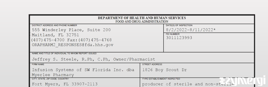 FDANews 483 Infusion Systems of SW Florida Inc. dba Myerlee Pharmacy Aug 11 2022 top