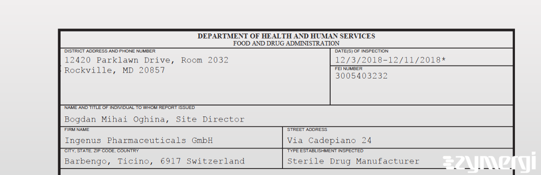 FDANews 483 Ingenus Pharmaceuticals GmbH Dec 11 2018 top