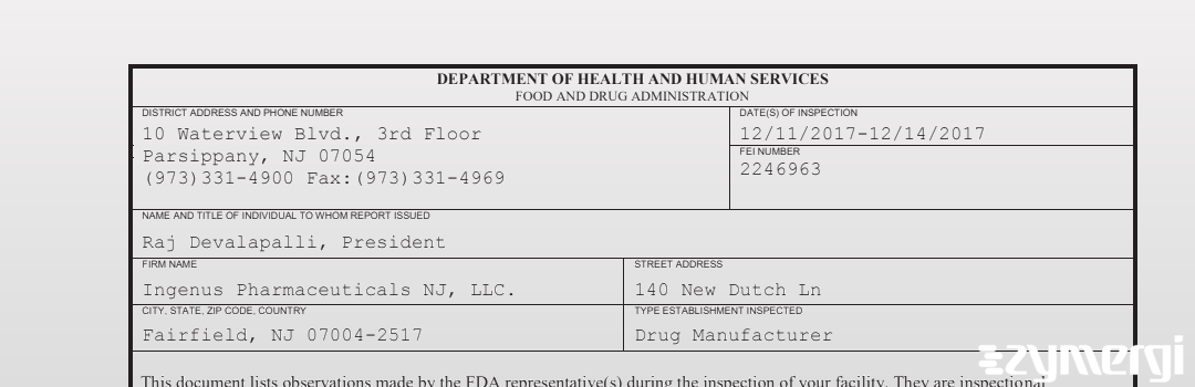 FDANews 483 Ingenus Pharmaceuticals NJ, LLC. Dec 14 2017 top