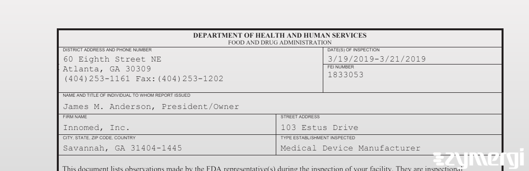 FDANews 483 Innomed, Inc. Mar 21 2019 top