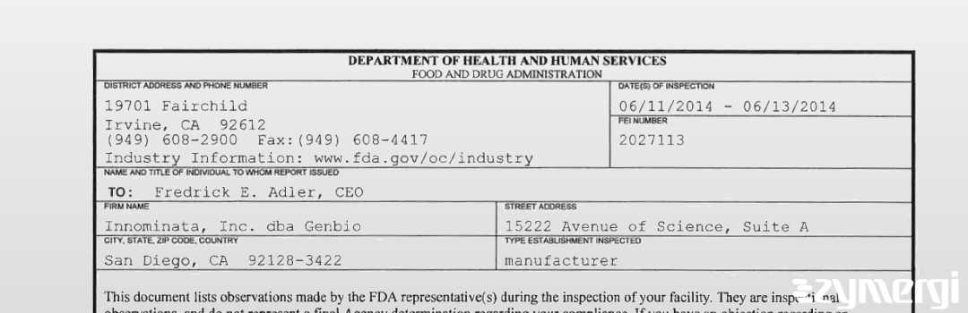 FDANews 483 Innominata, Inc. dba Genbio Jun 13 2014 top