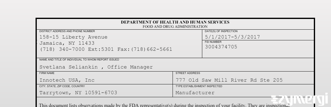 FDANews 483 Innotech USA, Inc May 3 2017 top