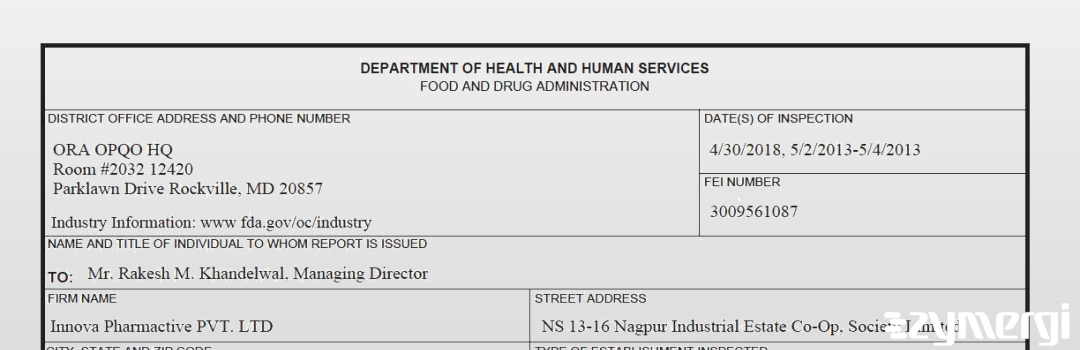 FDANews 483 Innova Pharmactive Private Limited May 4 2018 top