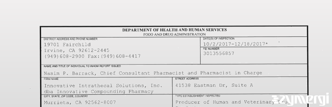 FDANews 483 Innovative Intrathecal Solutions, Inc. dba Innovative Compounding Pharmacy Dec 18 2017 top