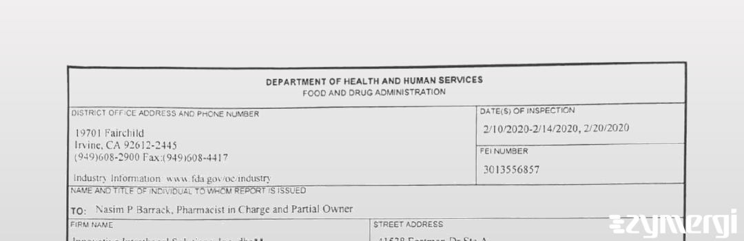 FDANews 483 Innovative Intrathecal Solutions, Inc. dba Innovative Compounding Pharmacy Feb 20 2020 top