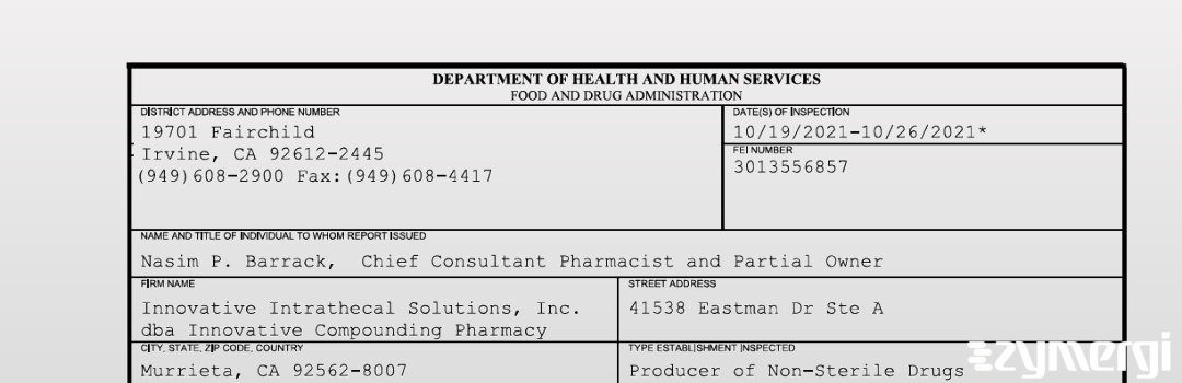 FDANews 483 Innovative Intrathecal Solutions, Inc. dba Innovative Compounding Pharmacy Oct 26 2021 top