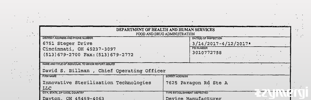 FDANews 483 Innovative Sterilization Technologies LLC Apr 12 2017 top