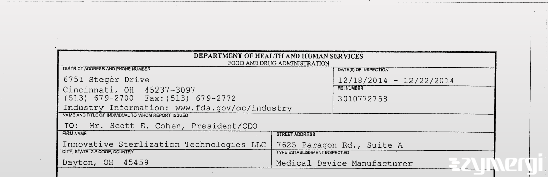 FDAzilla 483 Innovative Sterlization Technologies LLC Dec 22 2014 top