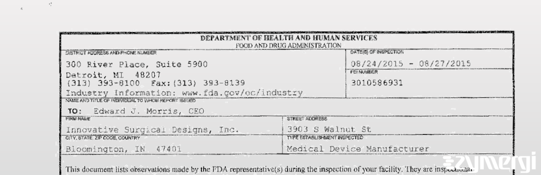 FDANews 483 Innovative Surgical Designs, Inc. Aug 27 2015 top