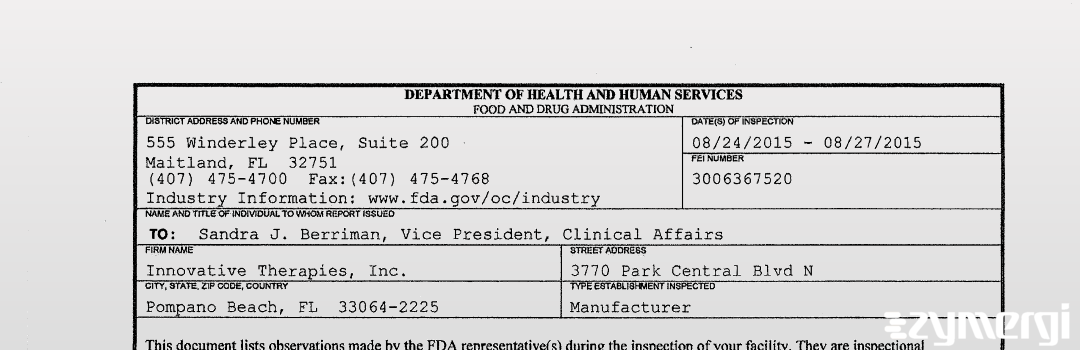 FDANews 483 Innovative Therapies, Inc. Aug 27 2015 top