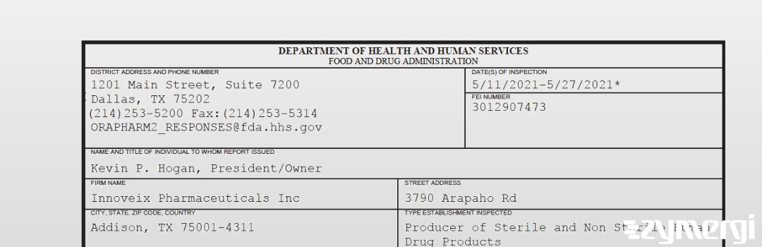 FDANews 483 Innoveix Pharmaceuticals Inc May 27 2021 top