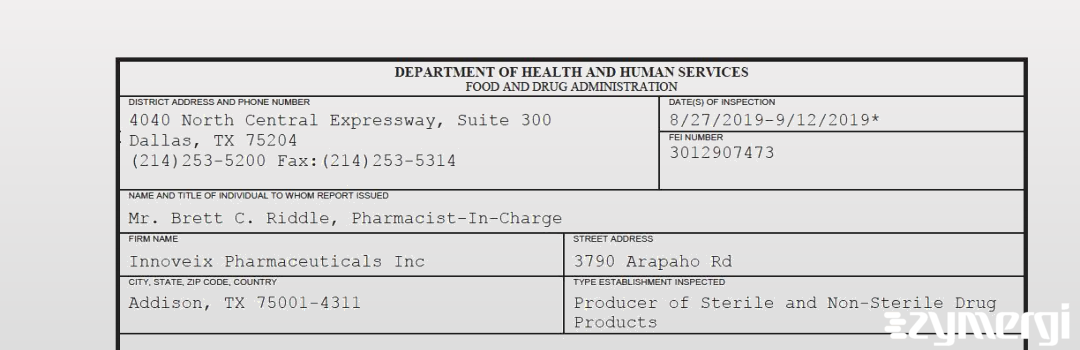 FDANews 483 Innoveix Pharmaceuticals Inc Sep 12 2019 top