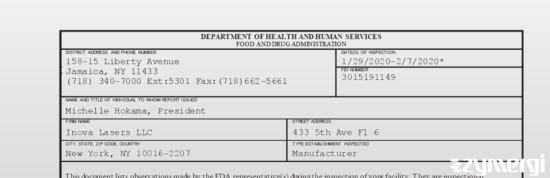 FDANews 483 Inova Lasers LLC Feb 7 2020 top