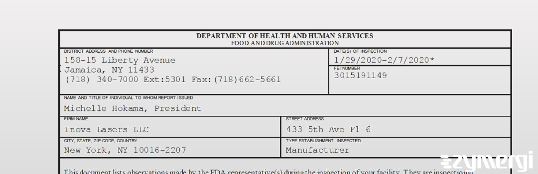 FDANews 483 Inova Lasers LLC Feb 7 2020 top