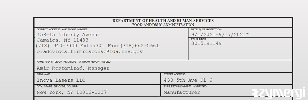 FDANews 483 Inova Lasers LLC Sep 17 2021 top