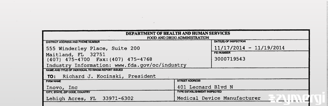 FDANews 483 Inovo, Inc Nov 19 2014 top