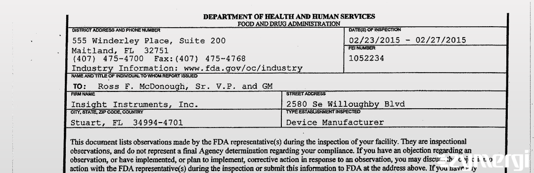 FDANews 483 Insight Instruments, Inc. Feb 27 2015 top