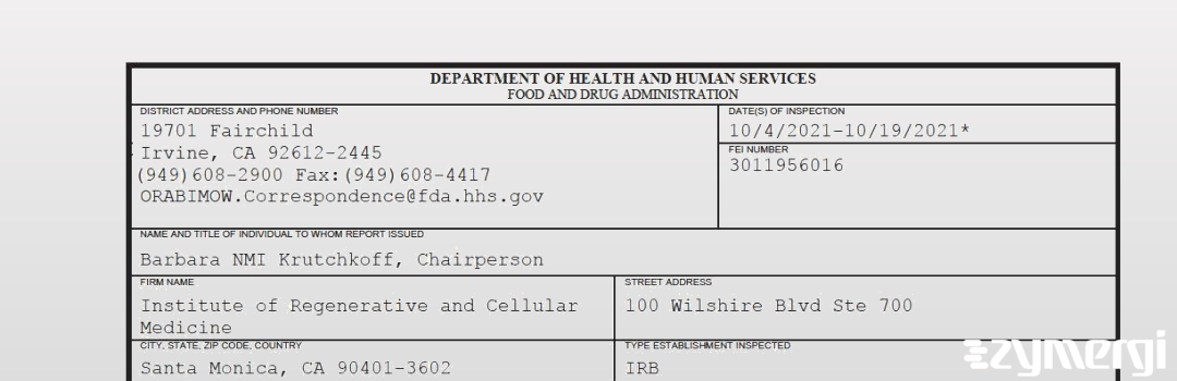 FDANews 483 Institute of Regenerative and Cellular Medicine Oct 19 2021 top