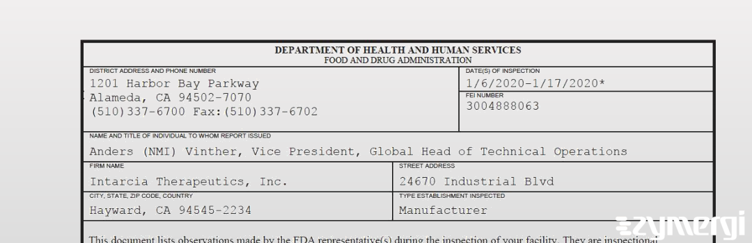 FDANews 483 Intarcia Therapeutics, Inc. Jan 17 2020 top