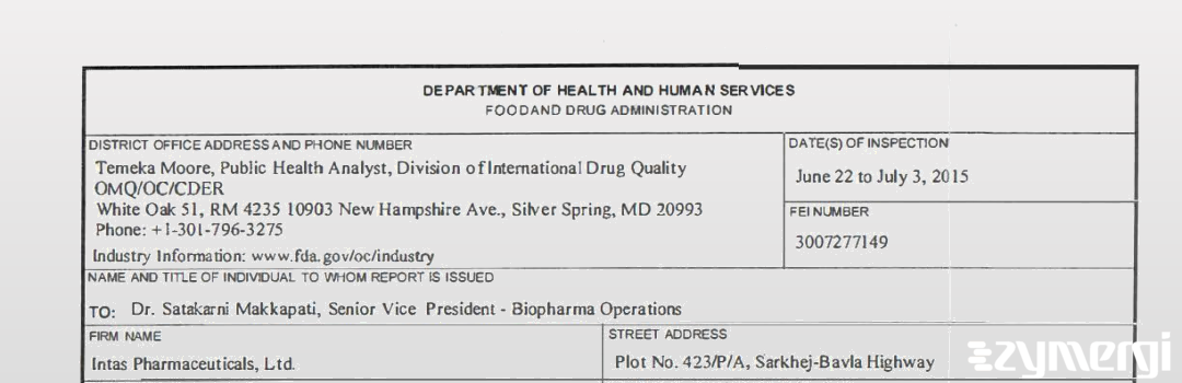 FDANews 483 Intas Biopharmaceuticals Limited Jul 3 2015 top