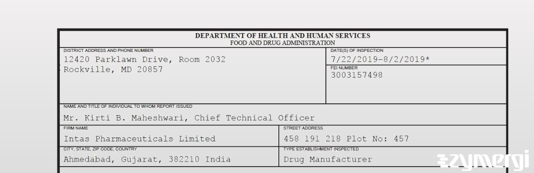 FDANews 483 Intas Pharmaceuticals Limited Aug 2 2019 top