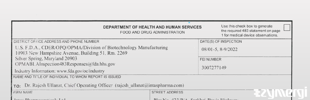 FDANews 483 Intas Pharmaceuticals Limited Aug 9 2022 top