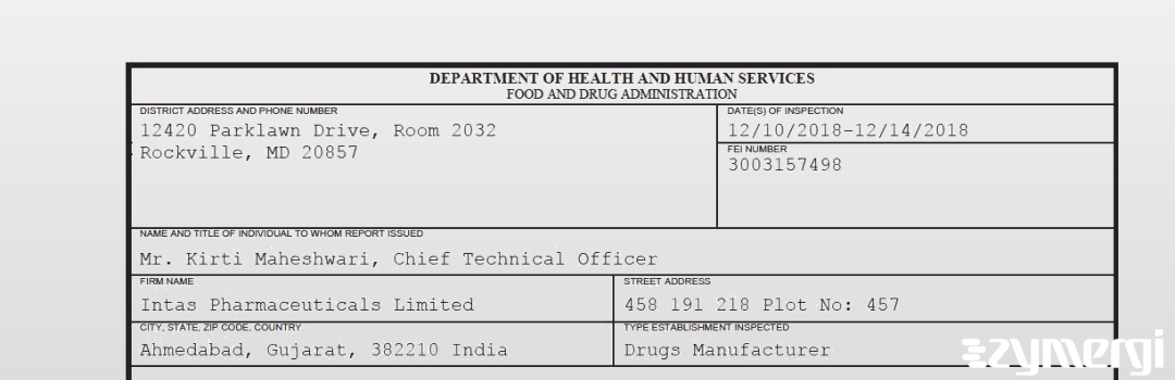 FDANews 483 Intas Pharmaceuticals Limited Dec 14 2018 top