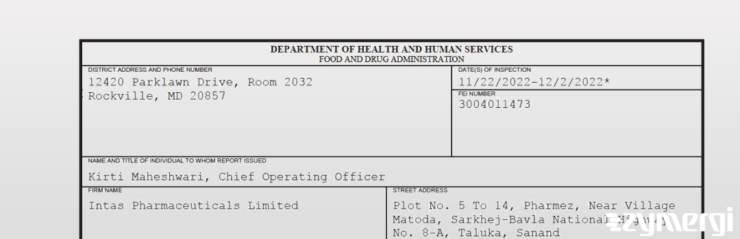 FDANews 483 Intas Pharmaceuticals Limited Dec 2 2022 top