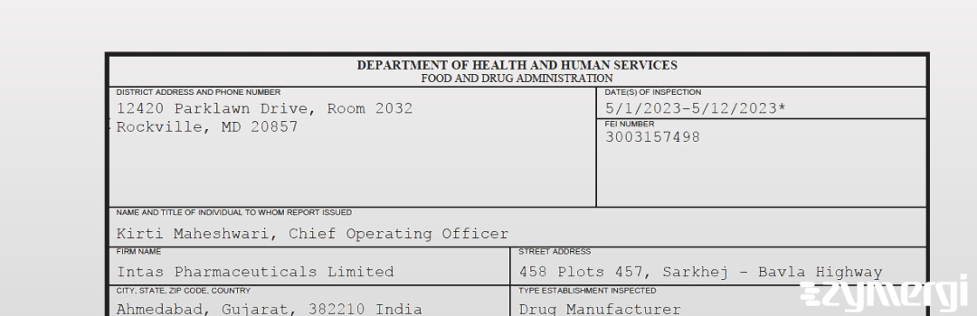 FDANews 483 Intas Pharmaceuticals Limited May 12 2023 top