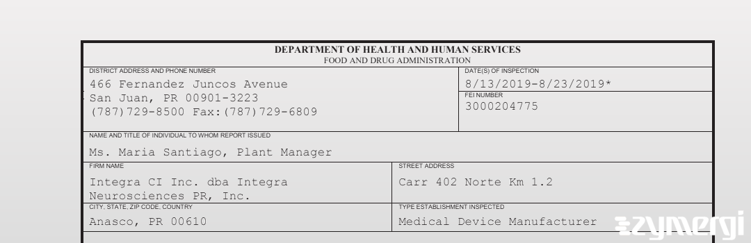 FDANews 483 Integra CI Inc. dba Integra Neurosciences PR, Inc. Aug 23 2019 top