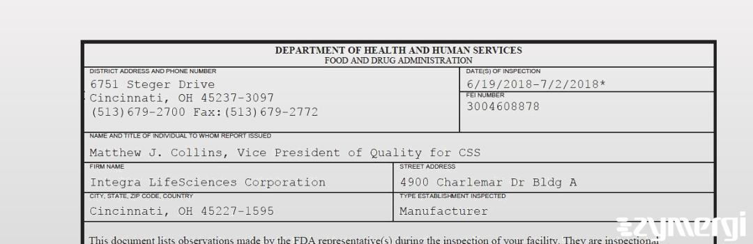 FDANews 483 Integra LifeSciences Corporation Jul 2 2018 top