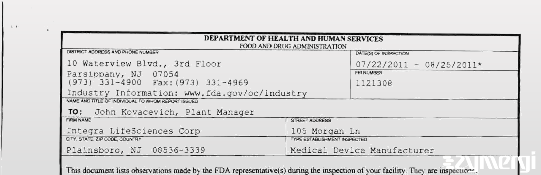 FDANews 483 Integra LifeSciences Corporation Aug 25 2011 top