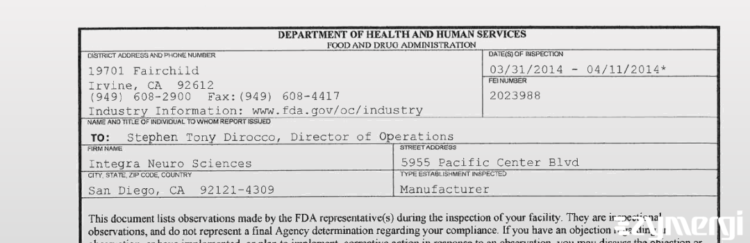 FDANews 483 Integra Neuro Sciences Apr 11 2014 top