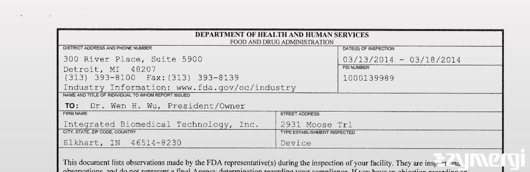 FDANews 483 Integrated Biomedical Technology, Inc. Mar 18 2014 top