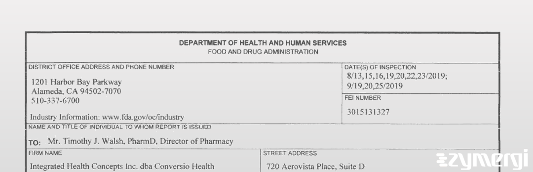 FDANews 483 Integrated Health Concepts Inc. dba Conversio Health Sep 25 2019 top