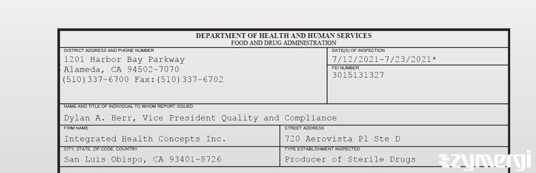 FDANews 483 Integrated Health Concepts Inc. Jul 23 2021 top